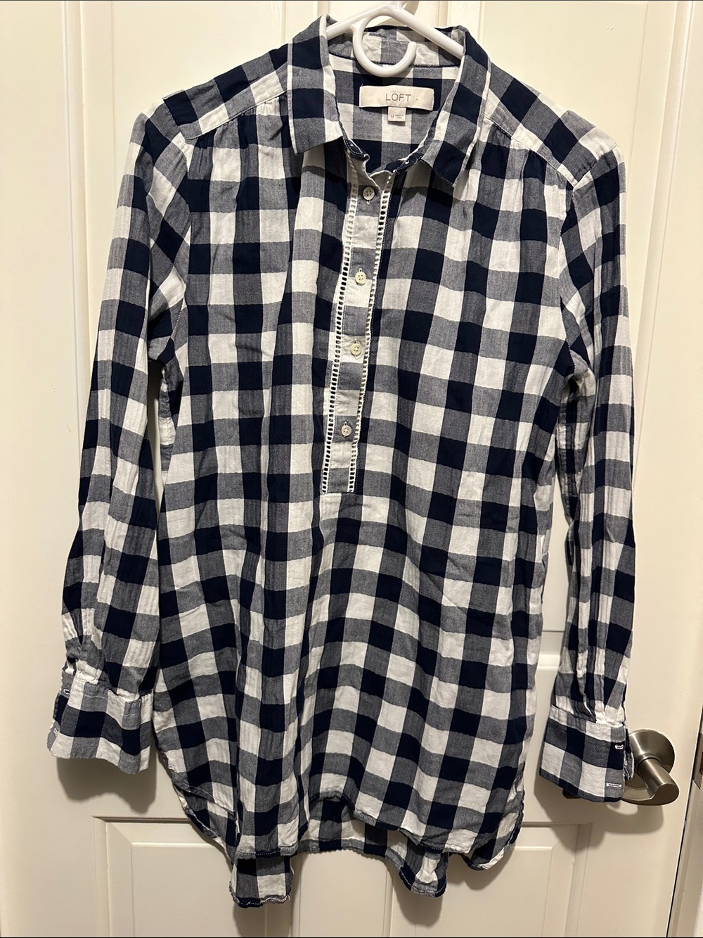 LOFT Navy and White Buffalo Check Button-Front Shirt